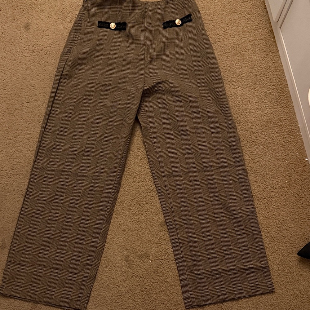 Brown Plaid Wide-Leg Pants